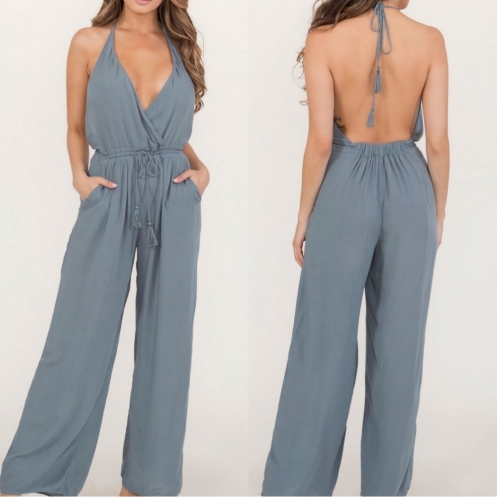 Surplice Halter Drawstring Jumpsuit